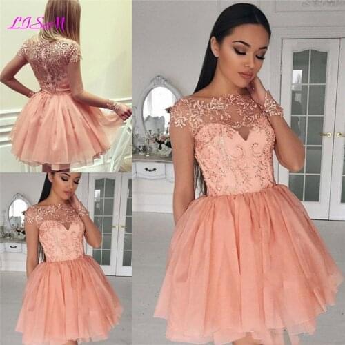 Long Sleeves Mini Homecoming Dress Illusion Lace Appliques Graduation Dresses Tulle Short Prom Party Gowns