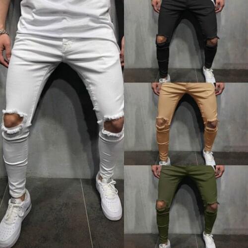 Men Jeans Ripped Pants Pencil Denim Long Pants Skinny Black/white,/green/Khaki Casual Streetwear Young Versatile Solid Color