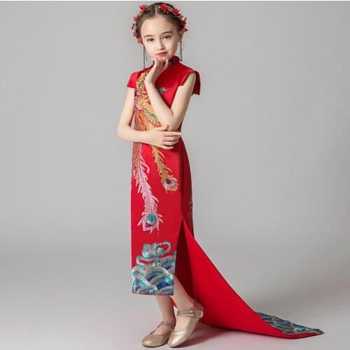 Girls Embroidery Phoenix Cheongsam Dress Summer Girl Red Children Dresses Princess Catwalk Costumes Girls Wedding Qipao Dress