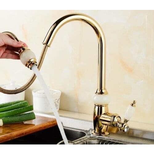 Kitchen luxury basin pull out faucet gold brass with jade for cold and hot mixer tap Sink faucet Vegetable washing a faucet