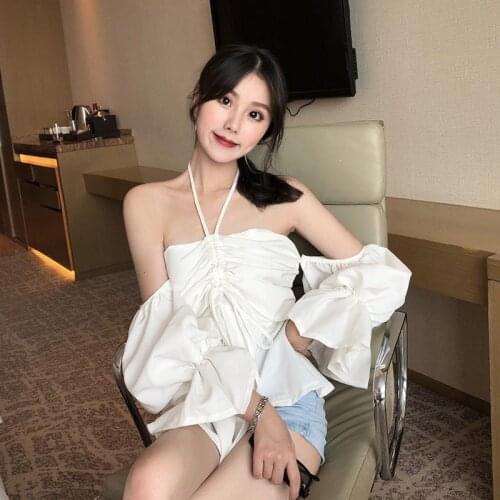 Puff Sleeve Off Shoulder Sexy Top Women Halter Backless White Shirt Blouse Tunic Ruffle Tops Clothes Solid Color