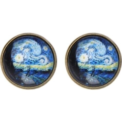 Van Gogh Painting Stud Earrings The Starry Night Glass Dome Post Fashion Jewelry T84A