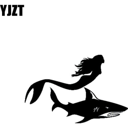 YJZT 16cm*10.5cm Mermaid Girl With SHARK Fish Sea Ocean Vinyl High-quality Car Sticker Decoration Decal C11-0383