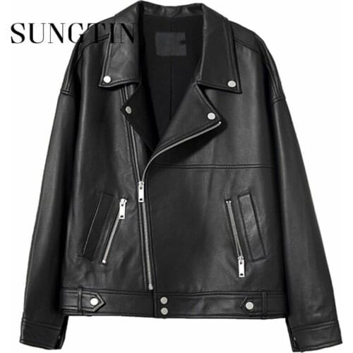 Sungtin 2021 New Oversized Faux Leather Jacket Women Korean Style Loose High Street Female Coat Boyfriend Punk Streetwear Zipper