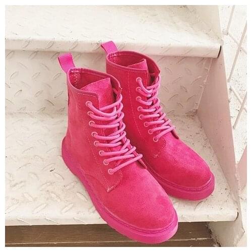 Shoes Woman New Style Rose Red Dull Polish Casual Women Martin Boots Chunky Heel Flat Hight-top Lace-up Luxury Fashion Big Size