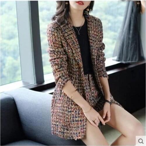 Womens Plaid business suit fashion suit female career suit jacket and long sections temperament casual two-piece pantsut