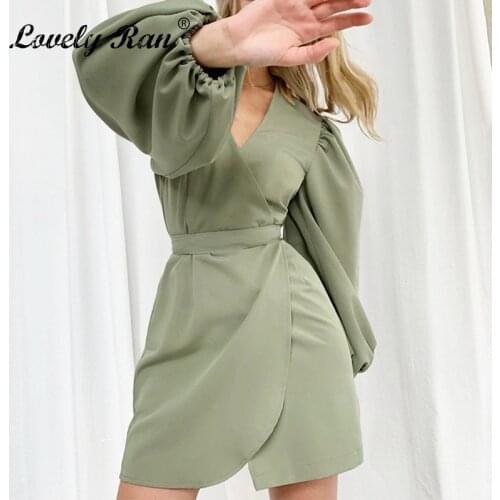 Deep V-Neck Lantern Sleeve Womens Mini Dress Solid High Waist With Belt Elegant Female Dresses 2021 Summer Office Lady Clothes