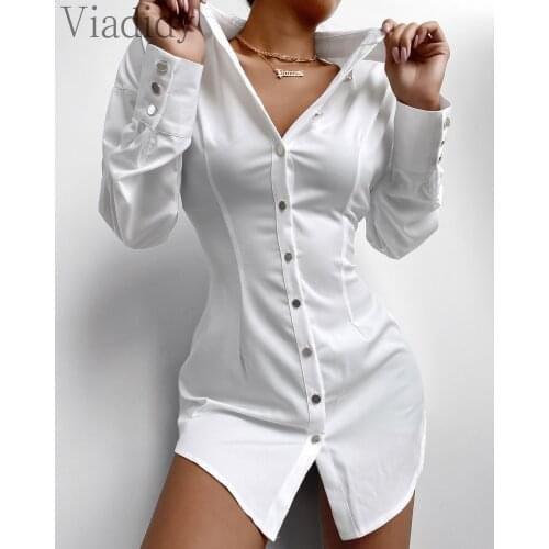 Women Long Sleeve Solid Color Turn Down Collar Botton Design Shirt Dress