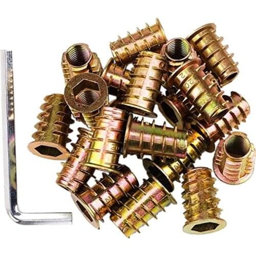100Pcs 1/4inch-20 x 15mm Furniture Screw in Nut Threaded Wood Inserts Bolt Fastener Connector Hex Socket Drive