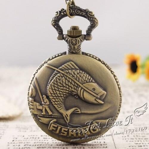 2018 Bronze Fishing Angling Quartz Pocket Watch Necklace Pendant Unisex Gift 5pcs/lot