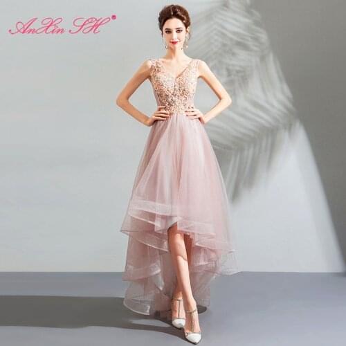 AXJFU luxury pink lace flower evening dress vintage beading crystal high/low party bride v neck sleeveless evening dress 9081
