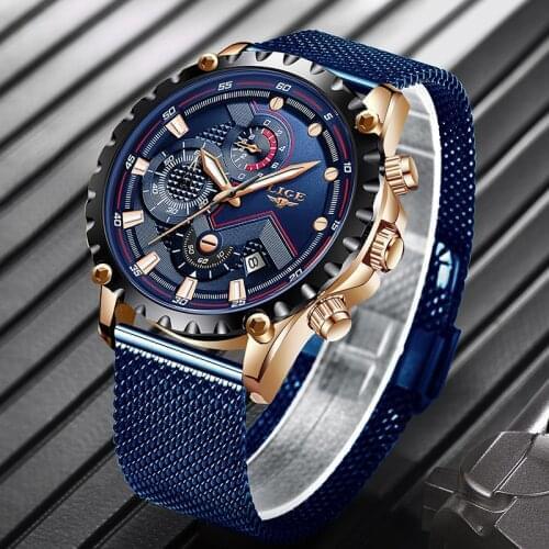 LIGE Casual Mens Watches Top Brand Luxury Wrist Watch Quartz Clock Blue Mesh Belt Watch Men Waterproof Watches Reloj Hombre 2019