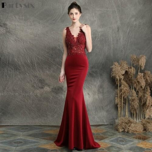 Partysix Wine Red V-neck Appliques Beaded Long Evening Dress See through Elegant Evening Party Dress