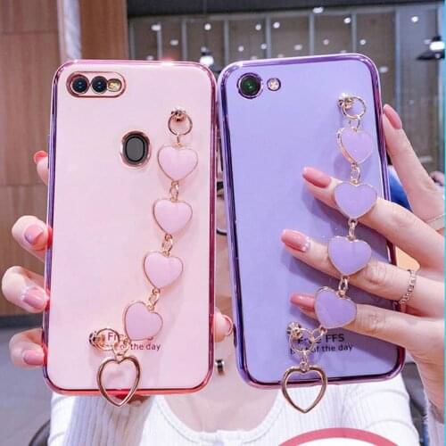 Wrist Bracelet Phone Case For Oppo A7 AX7 Case Luxury Love Heart Chain Plating Cover Capa oppo A5S A3S A12 A12E A1 A3 A5 A83 AX7