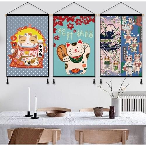 Japanese Style Fortune Cat Wall Paintings Fujiyama Scroll Painting Room Decor Aesthetic Tapestry Living Room Bedroom Decoration