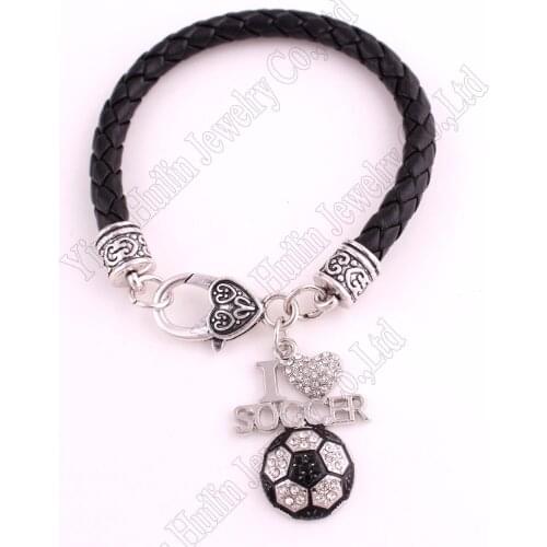 Fans Favorite Sports Jewelry Drop Shipping 0.95"*1.3" inches I Love Soccer 2D Pendant leather Chain Lobster Claw Bracelets