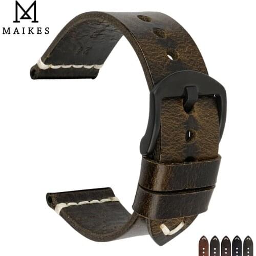 MAIKES High Quality Vintage Green Leather Stainless Steel Pin Buckle 20mm 22mm 24mm Watch Accessories Watch Strap Bracelets