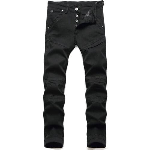 Mens New Washed Holes Spliced Black Solid Color Trousers Slim Fashion Casual All-Match Small Feet Elastic Men Motorcycle Jeans