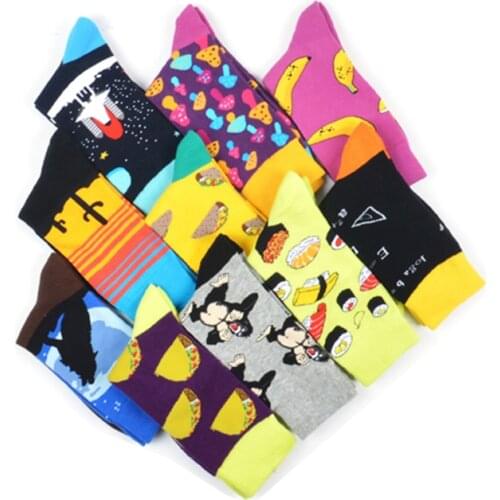 Men Socks Funny Cartoon Flamingo Dog Guitar Hamburger Leopard Print Stripe Happy Skate Harajuku Street Style Hip Hop Cotton Sock