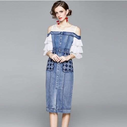 New Denim Dress Women Summer 2021 Elegant Fashion O-Neck Butterfly Sleeve Embroidered Flares Strapless Slim Long Dress