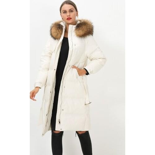 Huge Real natural Fur Collar 2020 New Women Winter 90% White Duck Down jacket With Belt Female Thick Windproof Hooded Down Coat