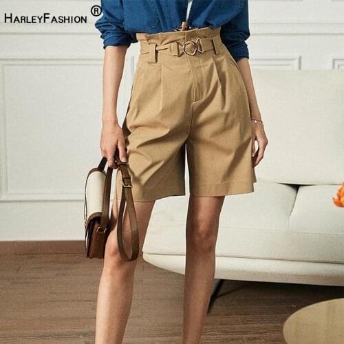 HarleyFashion New Russian Summer Classic All-matched Quality Women High Waist Solid Khaki Straight Casual Shorts with Belt