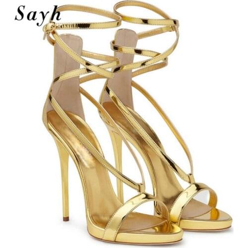 Summer Women Pumops Gold Stilettos High-heeled Patent Leather Open Toe Sexy Nightclub Thin Heels Ankle Strappy Shoes