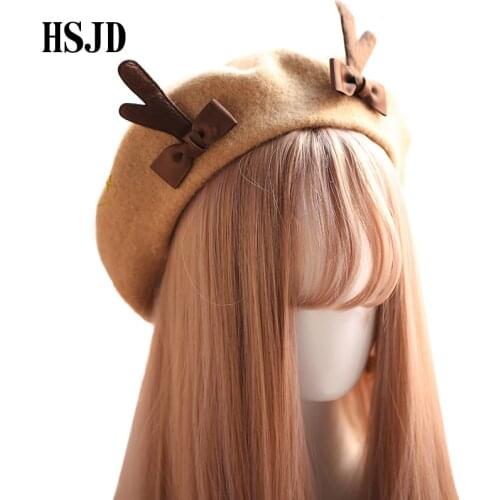 Girl Spring Winter Berets Hat Cute Deer Horn Wool Berets Women Bowknot Painter style hat Female Bonnet Warm Walking Cap antlers