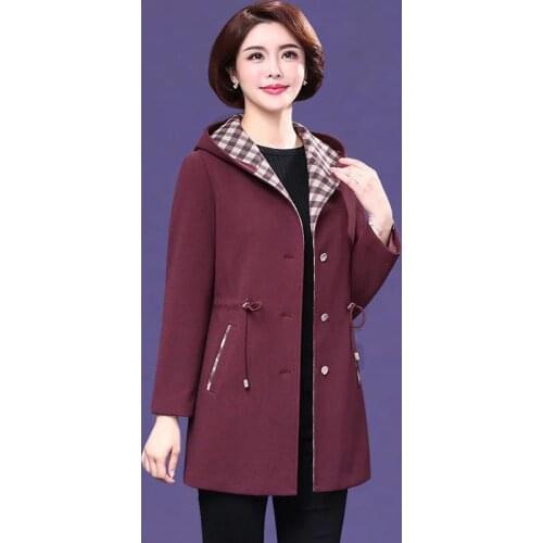 Windbreaker Spring Autumn Outwear Middle Elderly Womens Large Size Mid-Long Hooded Mothers Dress Trench Coat Casual Loose Top