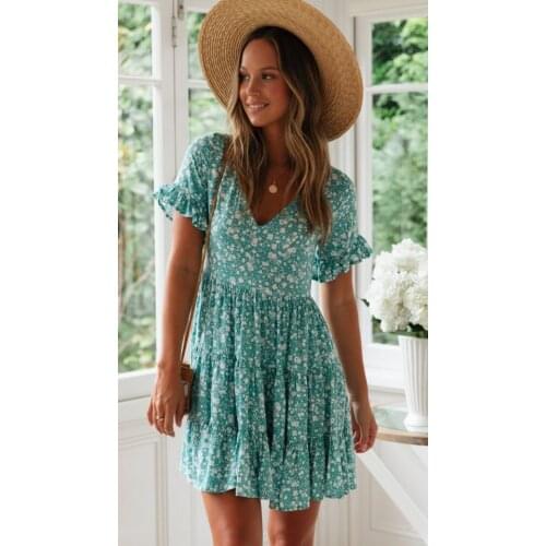 Women Dresses Summer 2021 Sexy V Neck Floral Print Boho Beach Dress Ruffle Short Sleeve A Line Mini Dress Sundress Robe