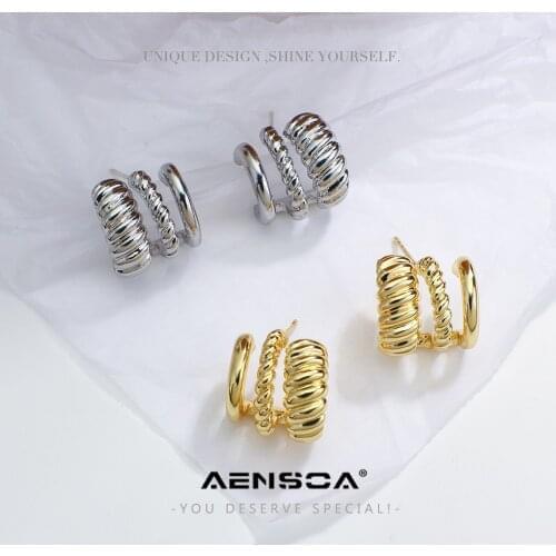 AENSOA 2021 Trendy Twist Metal KC Hoop Earring for Women Vintage Triple Open Circle C Shaped Korean Copper Statement Earrings