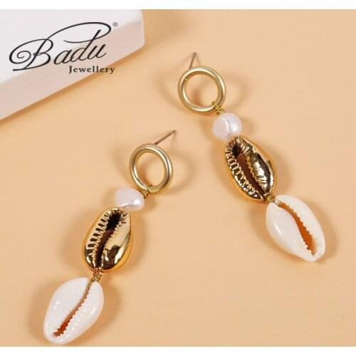 Badu Bohemia Gold Beach Natural Shell Pearl Drop Dangle Earrings for Women Beach Piercing Trendy Summer Pendant Earring Gift