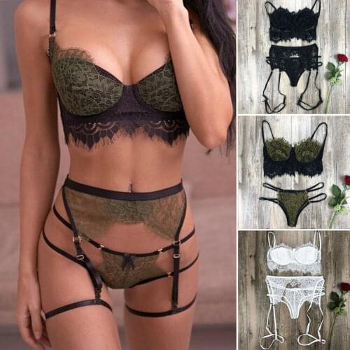 Women Sexy Lace Babyboll Sets Valentines Day Gift for Couple Female Underwear Open Bra+G-String Exotic Sets Nightwear