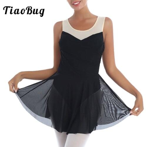 Women Mesh Patchwork Figure Skating Dress Ballet Dance Rhythmic Gymnastics Sleeveless Leotard Dresses