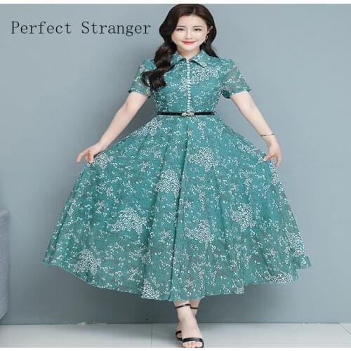 High Quality 2021 Summer Dress For Women Turn-down Collar Floral Printed Short Sleeve Women Chiffon Long Dress