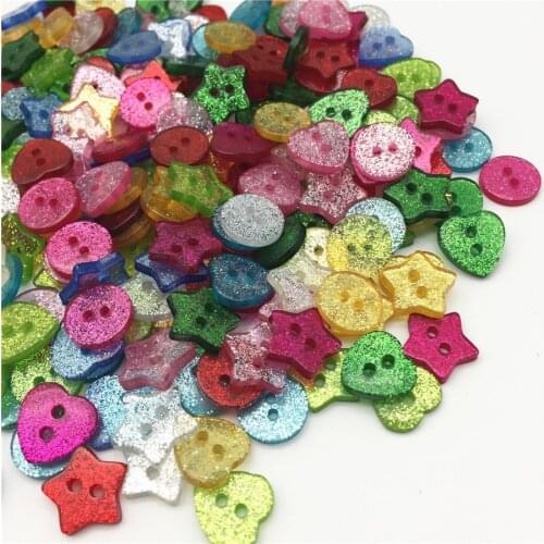 200pcs Sparkle Glitter Heart Star Round Mixed 2 Holes Sewing Buttons Shiny Clothing Accessories Scrapbooking Button 13 Colors