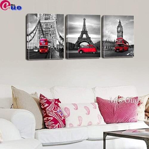 5D Diamond Painting Big Ben Red Car Bus 3 Pieces Cross Stitch Diamond Embroidery Mosaic Triptych Art Handmade Hobby Wall Decor