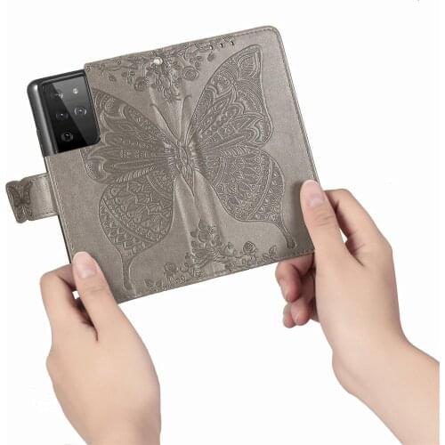Cute Butterfly Case for Samsung Galaxy S21 Ultra (6.8in) SM-G998 Cover Flip Leather Wallet Book Black G998B GalaxyS21+S21Ultra