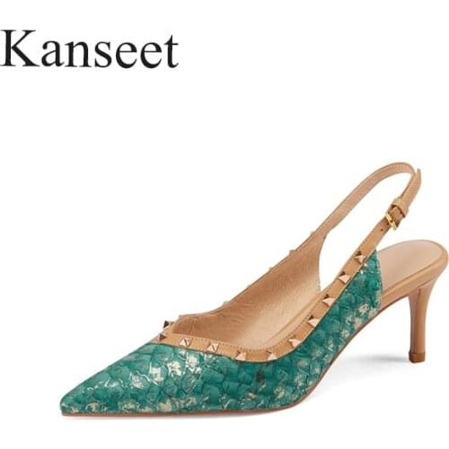 Kanseet Real leather High Heels Women Sandals Elegant Pointed Toe Party Prom Shoes Rivets 2021 Summer Fish Leather Female Sandal