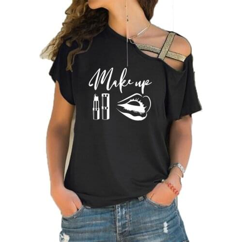 Beauty Salon Make Up Lips Decal Lipstick Brushes Women T-Shirts Summer T Shirt Short Sleeve Irregular Skew Cross Bandage Tees