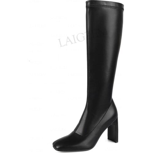 LAIGZEM Women Knee High Boots Faux Leather 9CM Thich High Heels Boots Stretch Side Zip Ladies Girls Shoes Woman Size 33 38 39 46