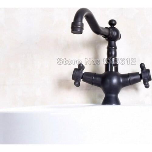 Black Oil Rubbed Brass Swivel Spout Bathroom Basin Faucet Double Cross Handles Deck Mount Vessel Sink Mixer Taps Wnf141