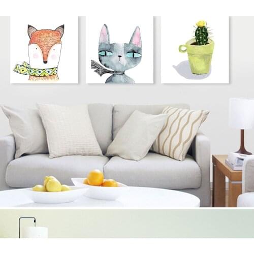 Fox Cat Potted Cactus Canvas Painting Wall Art Posters And Prints Nordic Poster Watercolor Wall Pictures For Living Room Decor