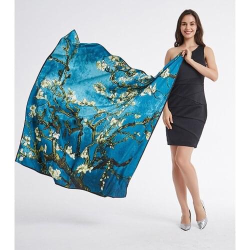 Fashion Twill Silk Large Hijab Scarves For Women Square Shawls Wraps Floral Printed Neck Scarf Female 130*130cm Scarf For Ladies