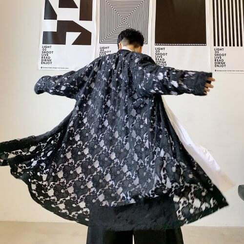 Men Lace Casual Long Shirt Cardigan Male Women Japan Korea Streetwear Vintage Long Sleeve Shirt Coat Couple Spring Summer