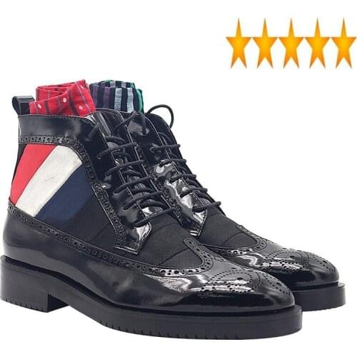 Up Brogues Men Lace Cow Leather Handmade Ankle Boots Brand Carved High Top Dress Office Shoes Male Oxford Botas Plus Size