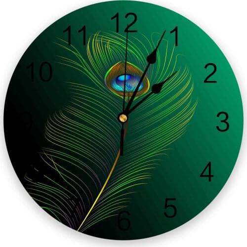 Green Peacock Feathers 3d Wall Clock Modern Design Farmhouse Decor Kitchen Vintage PVC Round Clock Living Room Decoration