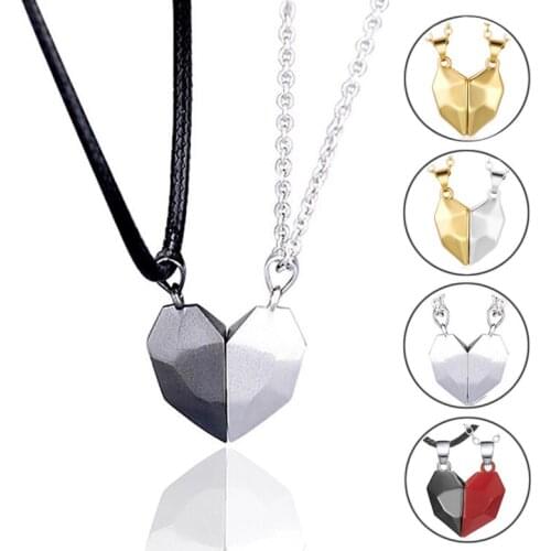 2Pcs Minimalist Lovers Matching Friendship Heart Pendant Couple Magnetic Distance Faceted Heart Pendant Necklace Couple Jewelry