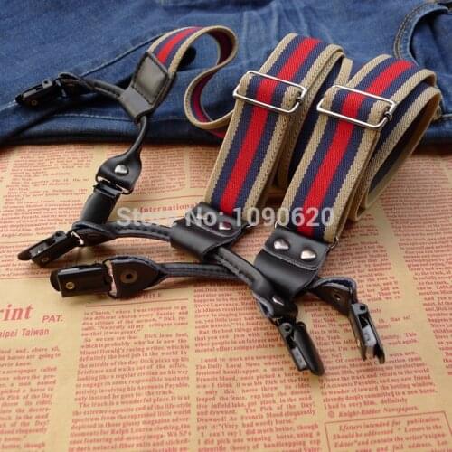 Free shipping Stirped elastic genuine leather suspenders Gallus for men adult braces womens suspenders elastic adjustable