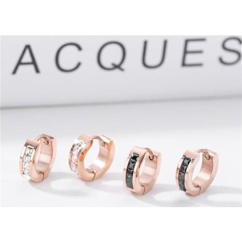 Luxury Rose Gold Color White Black Zircon Stainless Steel Hoop Earrings For Women Korea Fashion Simple Ear Jewelry Ladies Party